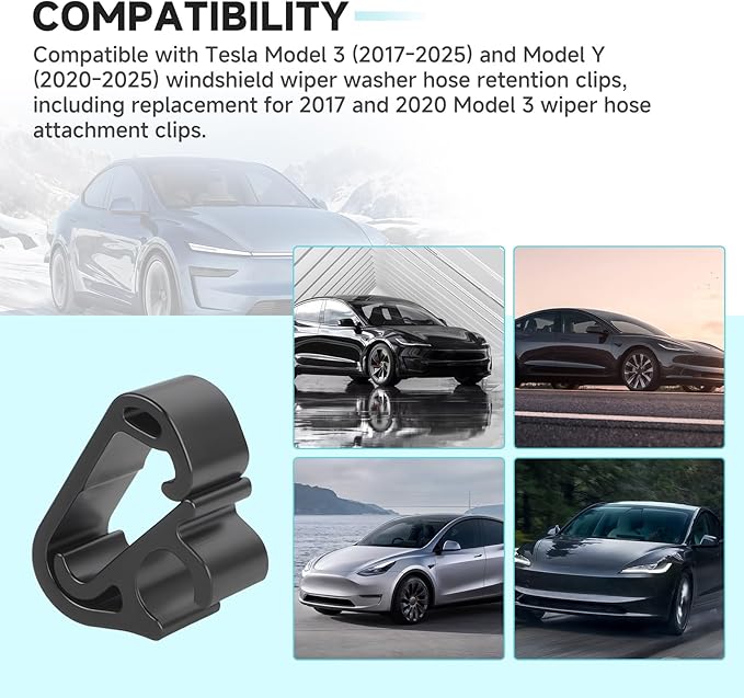 (4-Pack) Windshield Wiper Washer Hose Retention Clips, Compatible with Tesla Model 3 (2017-2025) / Model Y (2020-2025) Wiper Arm Spray Hose Tube Retainer Clips