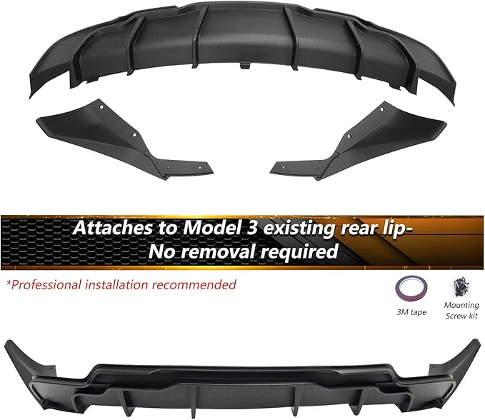 Full Body Kit for Tesla Model 3 2017-2023, Aero Package Front Lip, Rear Diffuser, Side Skirts, Spoiler, Fog Light Covers Performance Styling Matte Black