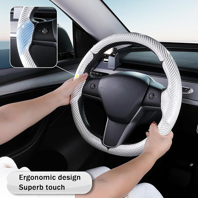 Steering Wheel Cover for 2017-2023 Tesla Model 3 2020-2024 Tesla Model Y, Carbon Fiber Steering Wheel Cover for Tesla Model 3/Y Accessories, Glossy White