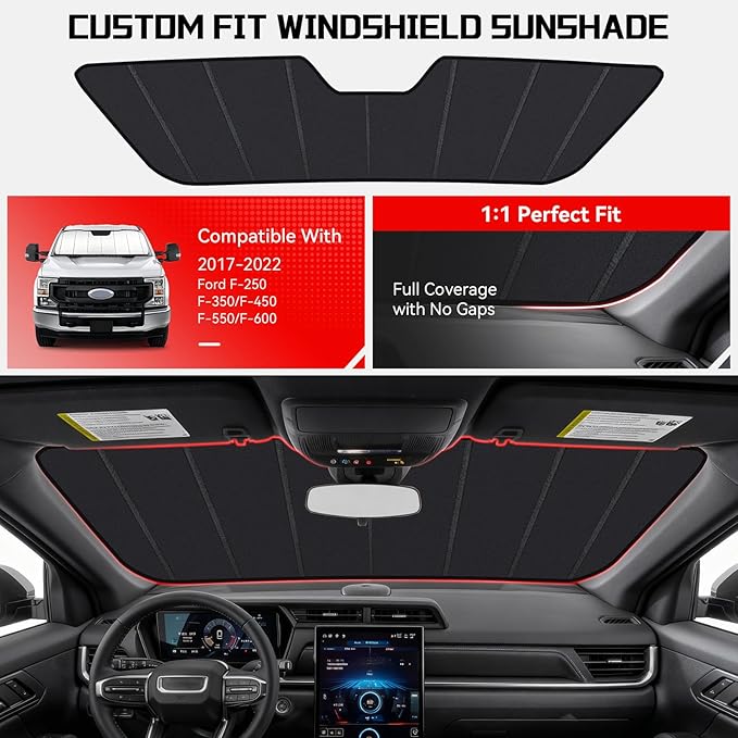Windshield Sun Shade Custom Fit for Ford F-250 F-350 F-450 F-550 F-600 2017-2022, Accordion Folding Thick Window Sunshade Block Heat 99% UV Rays Sun Visor Keep Cooler Car Accessories
