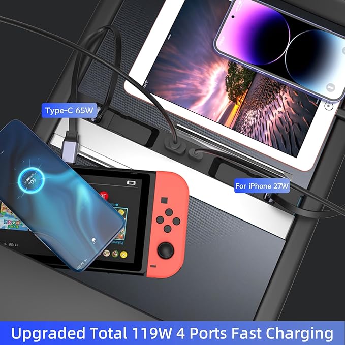 USB Hub for Tesla Model Y Juniper 2025 2026 Model 3 Highland 2024 2025 with Sliding Cover, 119W Multi Ports Fast Charger Waterproof Docking Station with Retractable Cables fit Center Console