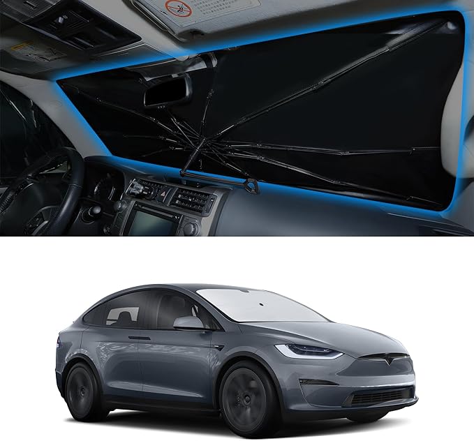 Windshield Sun Shade Umbrella Compatible with 2016-2026 Tesla Model X Tesla X Accessories Foldable Sunshade Front Sun Visor Protector Keep Car Cooler