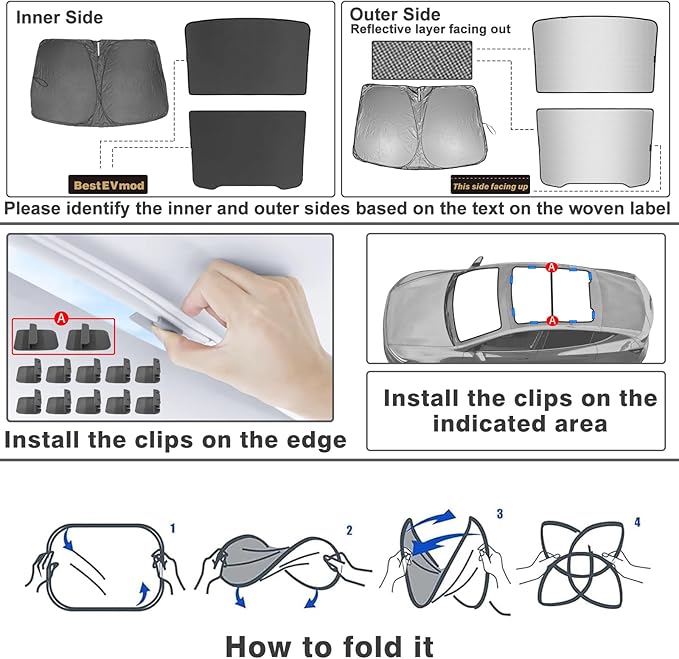BestEvMod 3PCS Windshield& Roof Sunshade Compatible with 2026 2025 Tesla New Model Y Juniper Foldable Sun Shade Accessory Heat UV Protection Visor Accessories with Storage Bag (Roof+Windshield, Black)