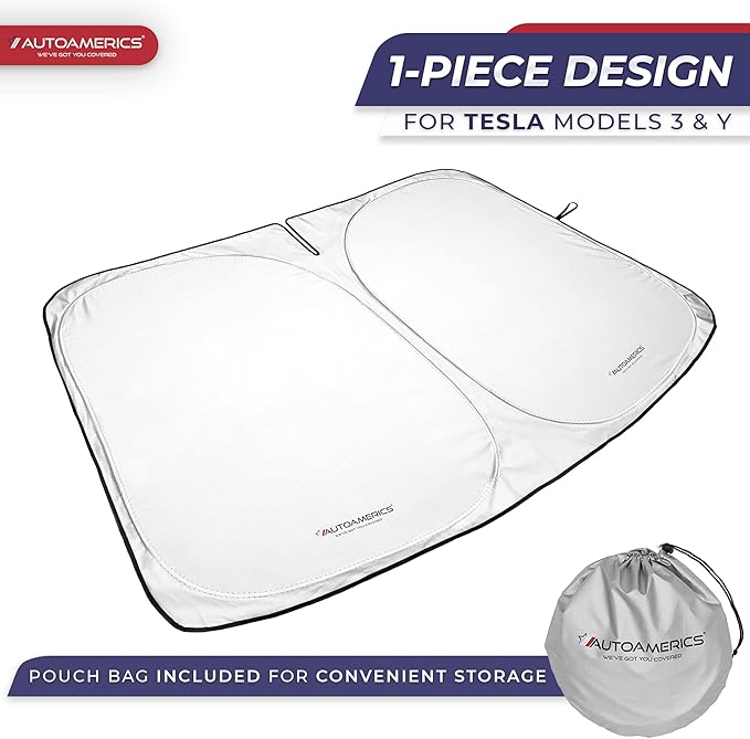 Autoamerics 1-Piece Tesla Model Y Sunshade & 3 Sunshade - Special Design for Model Y & 3 Windshield - Foldable Lightweight M3 Sun Shield - 2023 Tesla Y/3 Accessories
