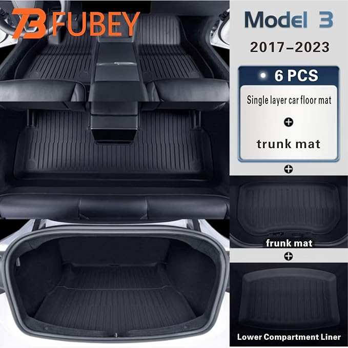 TPE Floor Mats for Tesla Model 3 2017-2023, 6-Piece Set with 2-Layer Trunk Liner & Frunk Mat, Complete Coverage