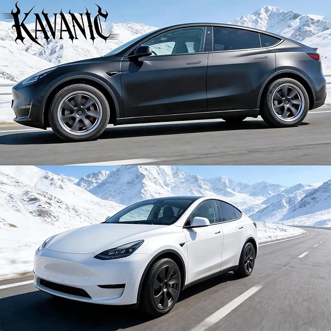 KAVANIC 4Pcs Wheel Cover Fits for Tesla Model Y 19Inch 2020-2024 ABS Matte Black Blade Style Hubcaps Fits for Tesla Model Y 19" Gemini Wheel Long Range Support Logo Symmetry Design (RWD/AWD)