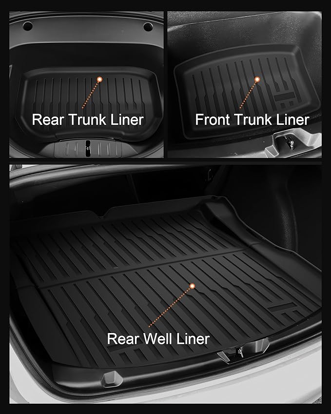 Tesla Model 3 Floor Mats 2021–2023, All-Weather Custom Fit Full Set Car Mats (6pcs) with Front & Rear Cargo Liner, Trunk Tray Interior Accessories, Pet & Child-Friendly