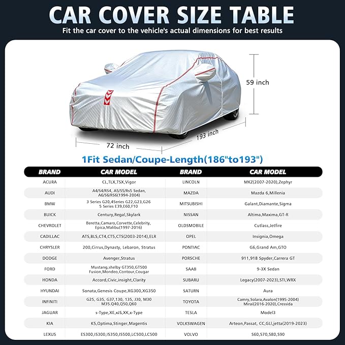 Car Cover, 360° Underbody Wrap Design, All-Weather Waterproof Car Cover, Suitable for Sedans, Vehicle Body Length 186 to 193 in