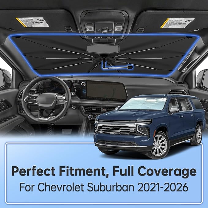 Windshield Sun Shade Umbrella for Chevrolet Suburban 2021-2026, Foldable Sunshade for Car Front Window, 360 Rotation Automotive Interior UV Protection for Outdoor Parking