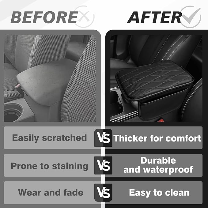Muslogy Center Console Armrest Cover Fit for Most Vehicle SUV Sedan Universal Accessories, Comfort Armrest Pad Console Lid Cushion Vegan Leather Regular Thick (w/Side Pockets)