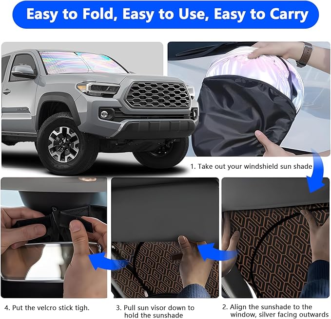 Iridescent Windshield Sun Shade Custom Fit Toyota Tacoma 2016-2024 2025, Upgrade 5 Layers 480T Laser Titanium Silver Window Car Sunshade, Rhombus Lattice Shades for Front Window, Block UV Rays Heat
