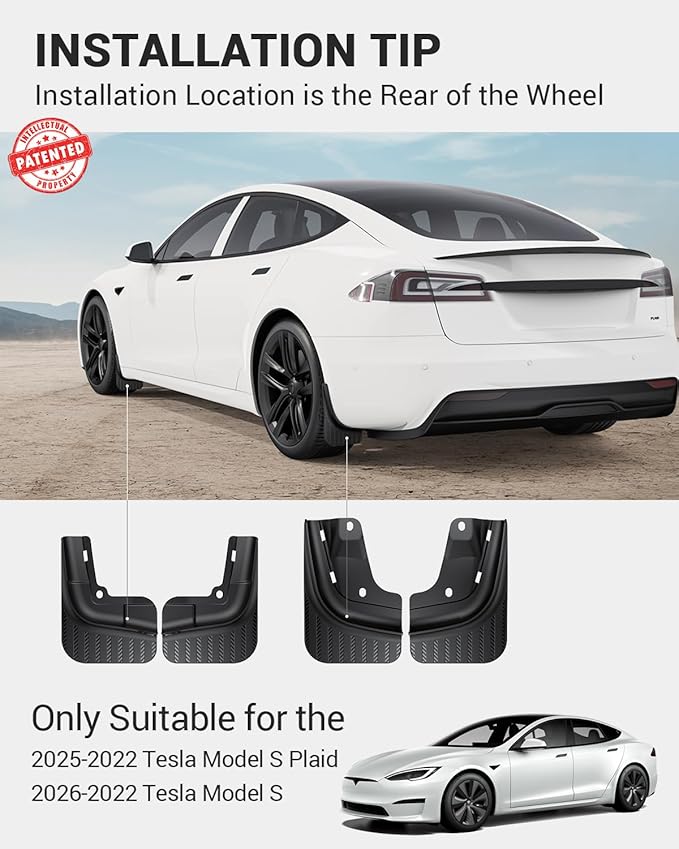 BASENOR 2021-2026 Tesla Model S 2021-2025 Model S Plaid Mud Flaps Splash Guards [No Drilling No Tape] [10X Stronger] All Weather Tire Protector Mudflaps for Model S Exterior Accessories