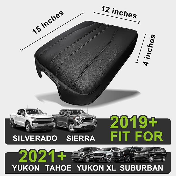 Muslogy Center Console Armrest Cover Fit for Chevy Silverado GMC Sierra 2019-2026, GMC Yukon & Chevy Tahoe & Suburban 2021-2026 Accessories, Armrest Pad Console Lid Cushion Vegan Leather Regular Thick