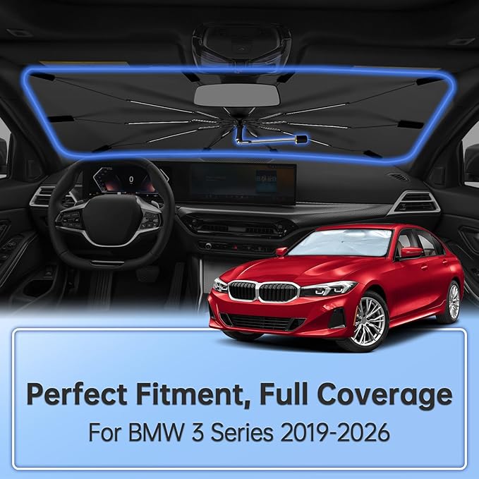 Windshield Sun Shade Umbrella for BMW 3 Series 2019-2026, Foldable Sunshade for Car Front Window, 360 Rotation Automotive Interior UV Protection for Outdoor Parking, Keep Car Cool