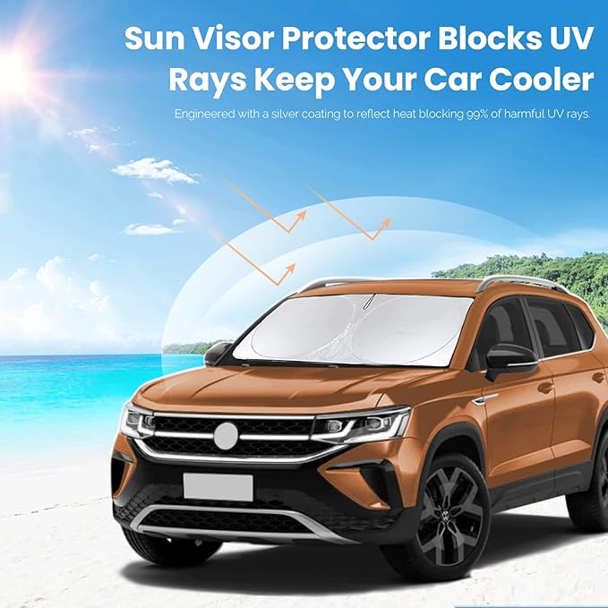 Custom Fit VW Taos Windshield Sunshade for VW Volkswagen Taos 2022 2023 2024 2025 2026 Accessories Front Window Shield 210T Silver Coating Cover for Volkswagen Windshield Sun Visor Protector Blocks UV