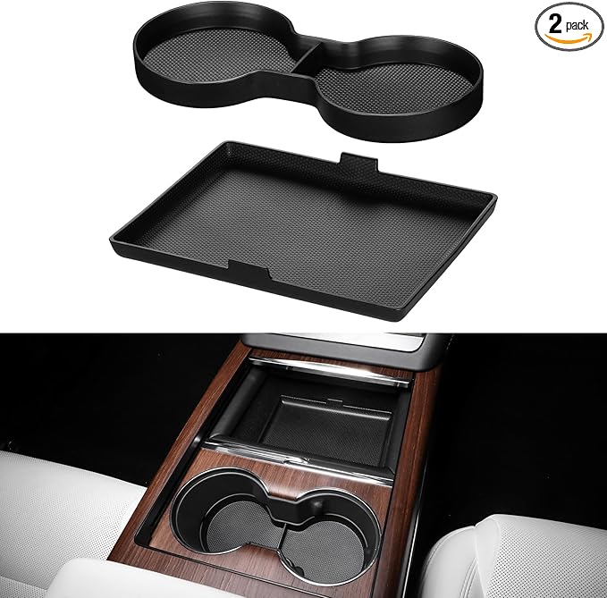 BASENOR 2022-2026 Tesla Model S Model S Plaid Model X Model X Plaid Center Console Storage Organizer Box Tray Pad TPE Cup Holder Insert Mat [Proprietary Design] for Tesla Interior Accessories (2 PCS)