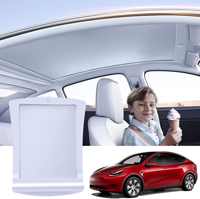 Electric Sunshade Roof for Tesla Model Y, Retractable Sunshade Roof Heat Insulation Roof for Tesla Model Y 2019~2024, 5 Layer 99.9% UV Protection, Tesla Interior Gray Hidden Wires [Single Switch]
