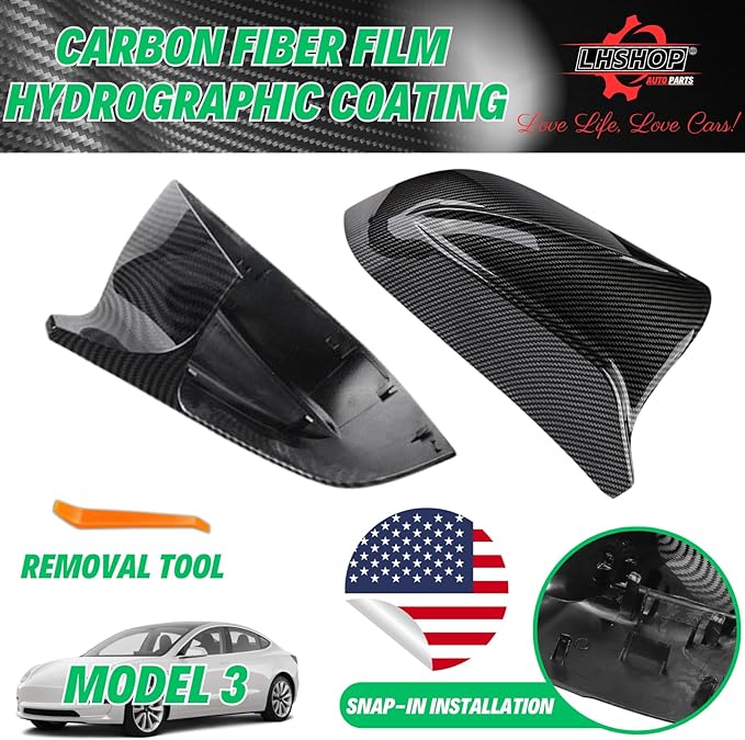 Car Side Mirror Cover for Tesla Model 3 Accessories 2018-2025 Passenger Driver Side View Exterior Mirror Caps Replacement Body Tuning Parts & Trim, Carbon Fiber Gloss - 1 Pair (Left-Right)