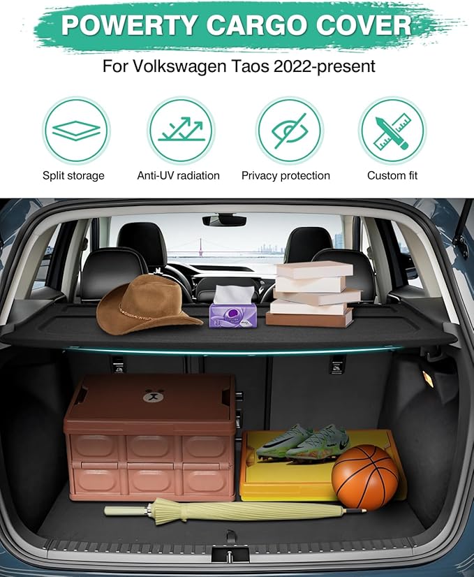 Powerty Cargo Cover for 2022 2023 2024 2025 Volkswagen VW Taos Accessories Trunk Cover Retractable Trunk Shielding Shade Cargo Luggage Cover Black (Can Withstand The Load)