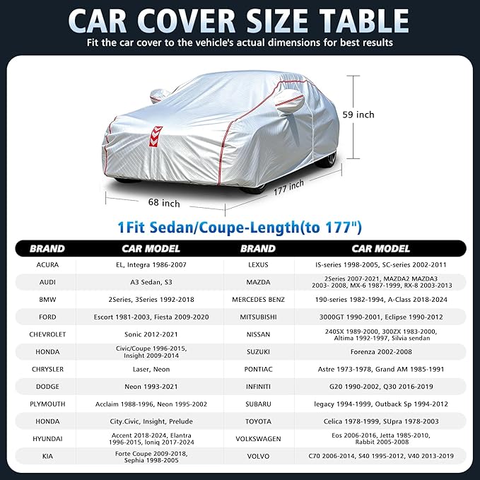 Car Cover, 360° Underbody Wrap Design, All-Weather Waterproof Car Cover, Suitable for Sedans, Vehicle Body Length up to 177 in