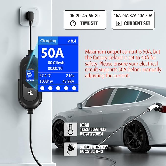 Tesla Charger, Level 2 EV Charger 50Amp 240V with NEMA 14-50 Plug, 25FT Cable Portable Electric Car Charging Station for Tesla Model S/3/X/Y/Cybertruck, Home & Outdoor Use, Delay Timer, LCD Display