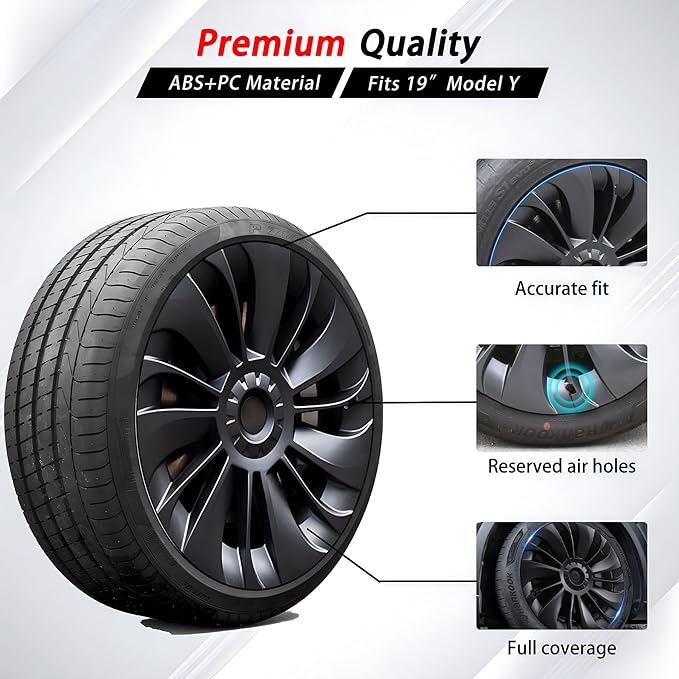 KAVANIC 4PCS Wheel Covers Fits for Model Y 19 inch Multi-Spoke Style, Matte Black ABS Hubcaps Fits for Tesla Y 19" Gemini Wheels 2020-2024, Long Range Support Logo Symmetry Design (RWD/AWD)