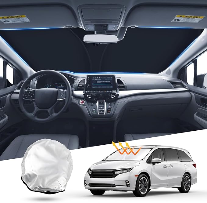 T TGBROS Windshield Sun Shade Custom Fit for 2018-2023 2024 2025 Honda Odyssey LX,EX,EX-L,Touring,Elite Minivan Accessories Foldable Sun Shield Reflective Polyester Sun Visor Cover Block Heat