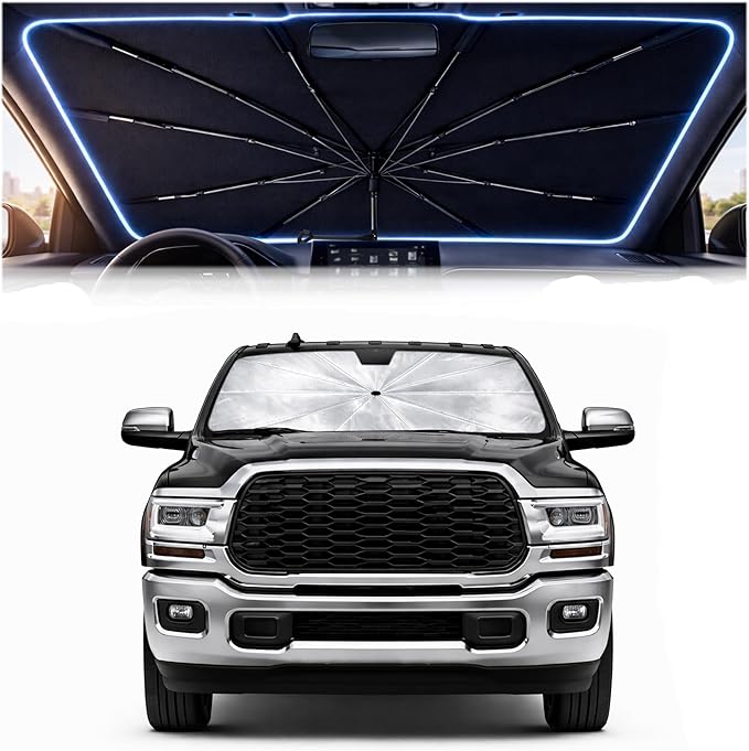 2026 Upgraded Car Windshield Sun Shade Umbrella - Custom-Fit for Ram 2500/3500 2010-2026 Umbrella Sunshade,Easy Install,UV Protection & Heat Reflective,Keep Interior Cooler with Storage Bag