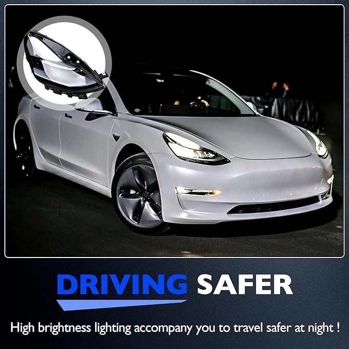 Full LED Headlights Assembly, Compatible with 2021-2023 Tesla 3 Tesla Y Base Mayor Performance Long Range Standard Estandar, Replace 1514953 151495300C Right Passenger Side Front Head Lights Assembly