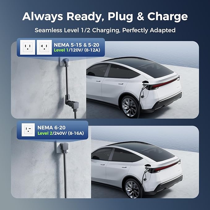 Level 1&2 Tesla Mobile Charger, (16A/12A, 240V-110V, 21FT Cable), Adjustable Current/Timer Tesla Home Charger, NEMA 6-20 & 5-15 Plug, NACS Connector for All Tesla Model 3/Y/X/S/Cybertruck