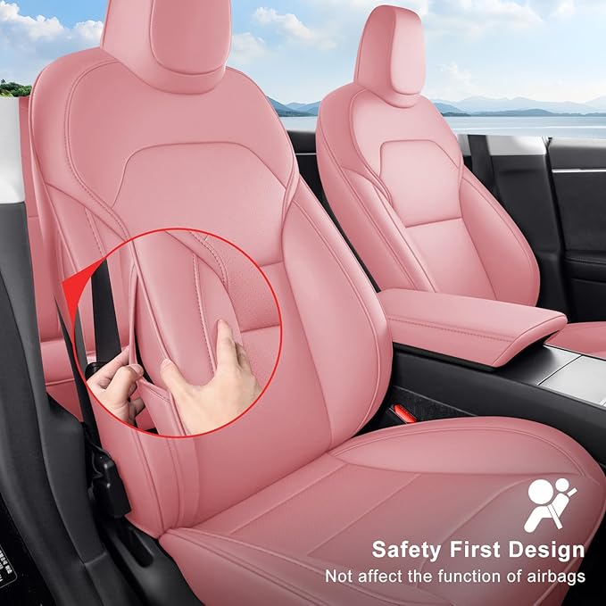2024-2025 Tesla Model 3 Highland Upgraded Car Seat Covers Nappa Leather Car Interior Airbag Compatible Cushion Cover Full Set Custom Fit Model 3, Nappa Pink
