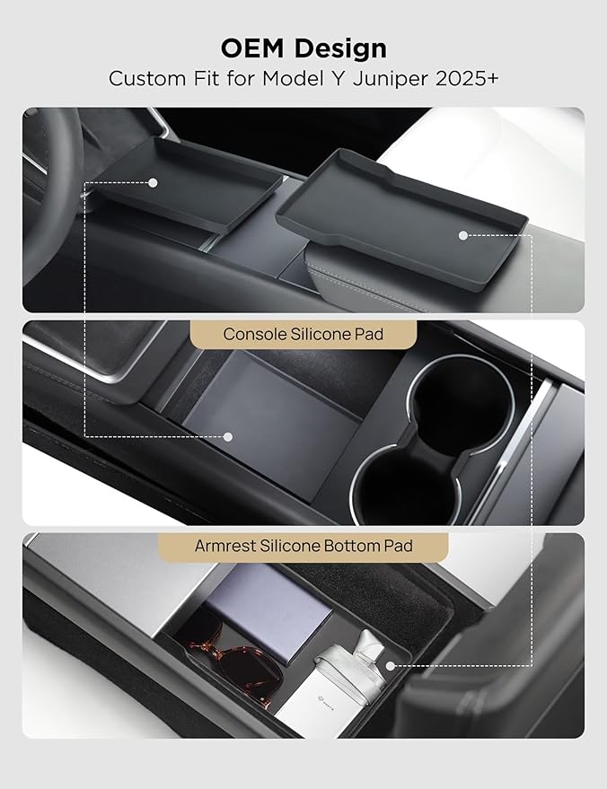 TPARTS Center Console Armrest Bottom Pad for Tesla Model Y Juniper 2026 2025, Full Coverage Silicone Storage Mat Organizer Tray Refresh Interior Accessories (Premium/Performance)