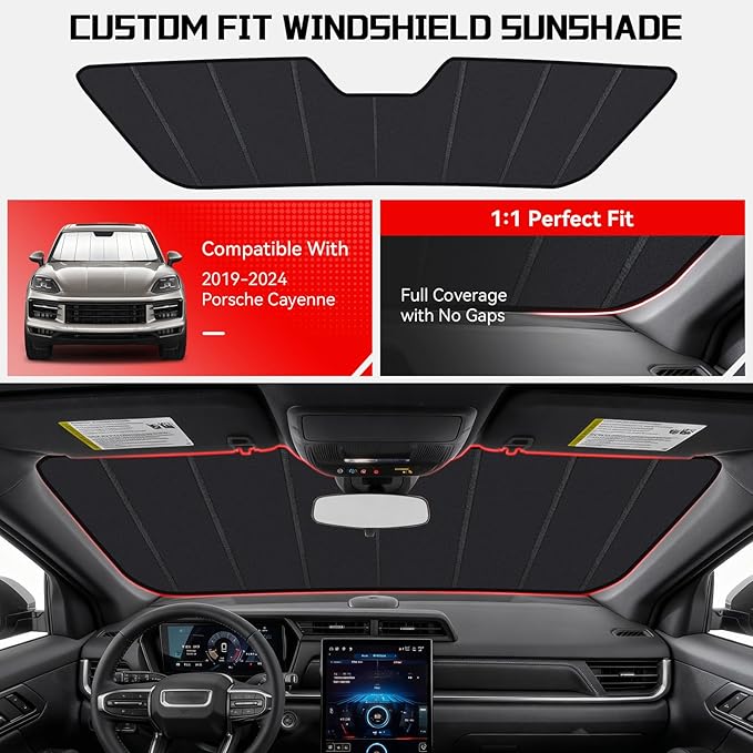 Windshield Sun Shade Custom Fit for Porsche Cayenne 2019-2024, Accordion Folding Thick Window Sunshade Block Heat 99% UV Rays Sun Visor Keep Cooler Car Accessories