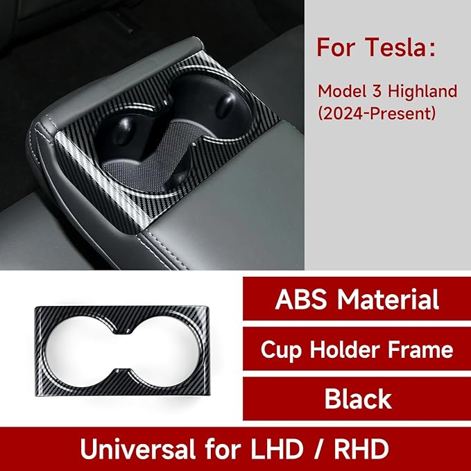 Car Rear Cup Holder Frame Cover Trim Carbon Color ABS Decal Sticker for Tesla Model 3 Highland 2024 2025 2026 Interior Accessories