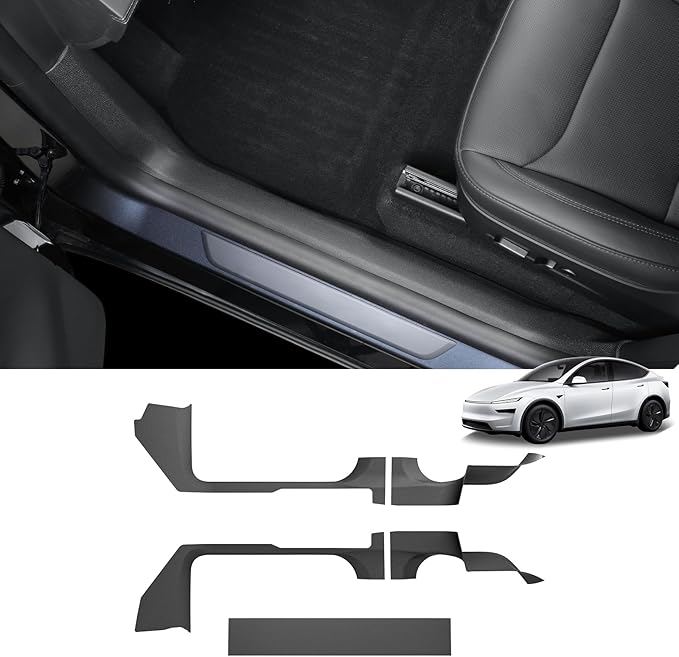 LUCKEASY 5PCS for Tesla Model Y Juniper 2025 2026 Front & Rear Door Threshold Strip 2nd Row Seat Lower Protector Anti-dust Pads Door Sill Protective Cover TPE Accessories Black