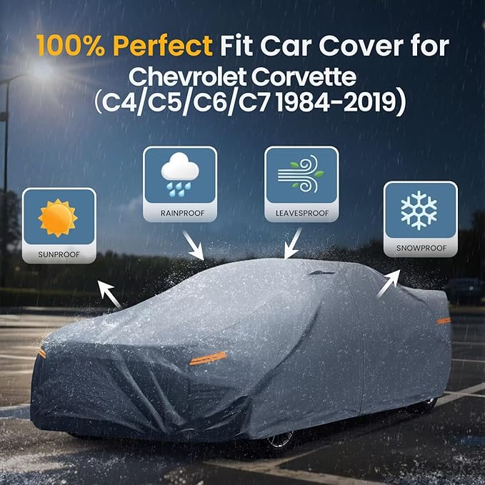 Waterproof Chevy Corvette(C4/C5/C6/C7 1984-2019) Car Cover with Breathable Vents, [2026 Upgrade] Premium Covers with Cotton Liner and Zipper Door, Sun Rain Snow Dust Uv Protection(Gift with Towel)