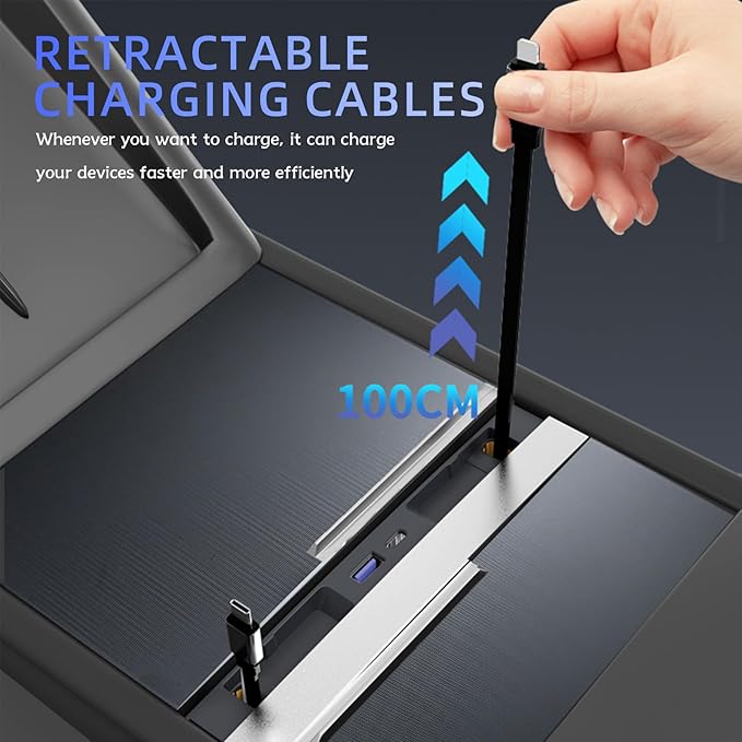 USB Hub for Tesla Model Y Juniper 2025 2026 Model 3 Highland 2024 2025 with Sliding Cover, 119W Multi Ports Fast Charger Waterproof Docking Station with Retractable Cables fit Center Console