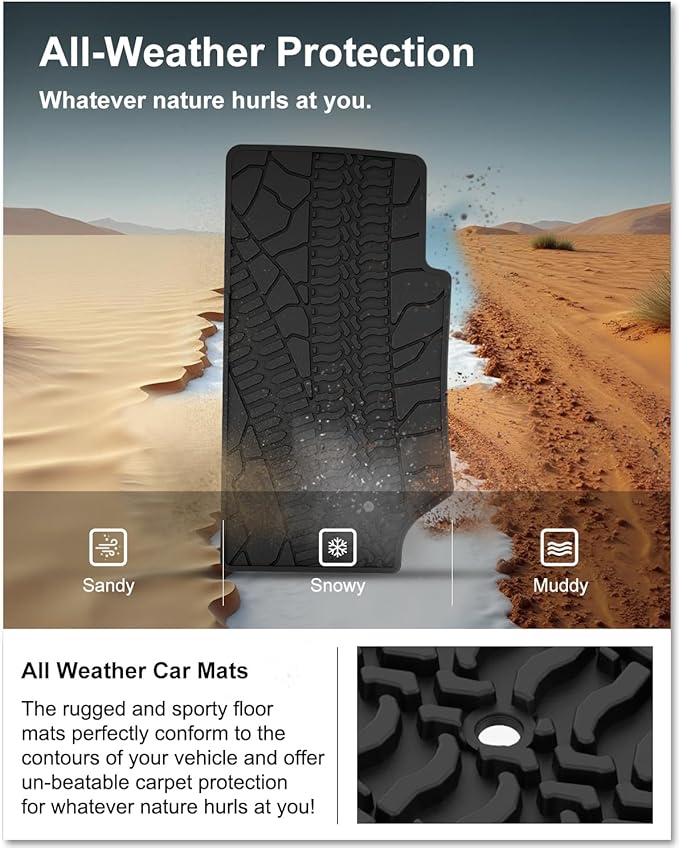 KIWI MASTER Floor Mats for 2007-2013 Jeep Wrangler JK 2-Door, Custom Fit All Weather Car Mats, Heavy Duty TPE Floor Liners, Front & Rear 2 Row, Black