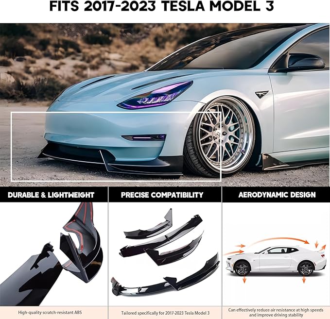 Front Bumper Lip Splitter Spoiler for 2017-2023 Tesla Model 3 Front Lip Air Dam Chin Spoiler Body Kit for Model 3 Accessories (Glossy Black)