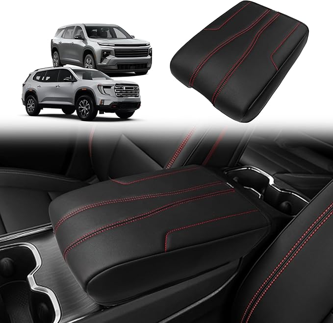 Muslogy Center Console Armrest Cover Fit for GMC Acadia & Chevrolet Chevy Traverse 2024-2026 Accessories, Comfort Armrest Pad Console Lid Cushion Vegan Leather Regular Thick (Black/White Trim)