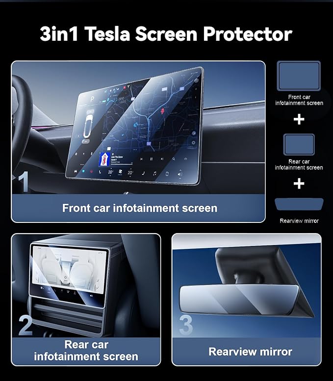 Nmoiss 3 in 1 15.4“ New Model Y Juniper & Model 3 Highland Screen Protector Matte 3 Psc Protector Center Display + Rear Touchscreen + Rearview Mirror Model Y (2025-2026) Model 3 (2024-2026)