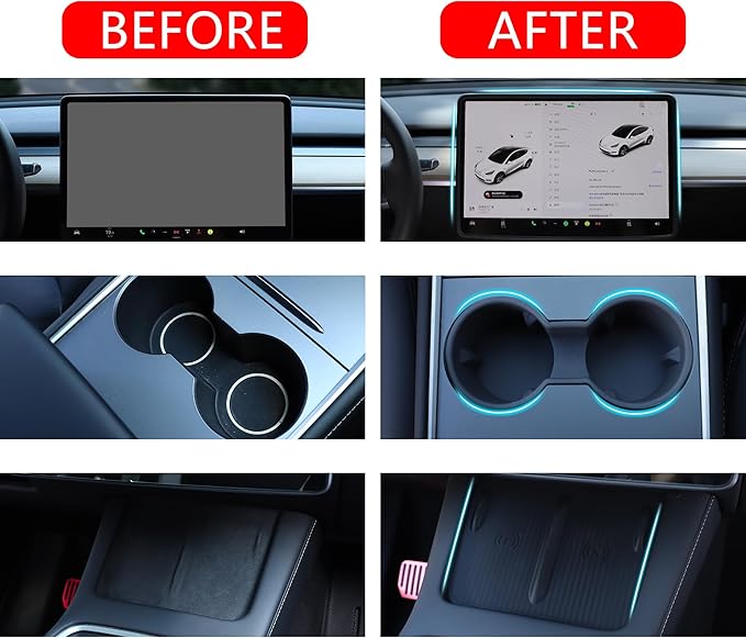 3PCS Center Console Accessories for Tesla Model Y 2021-2024 and Model 3 2021-2023 Cup Holder Insert, Screen Edge Protector Frame, Silicone Wireless Charger Mat, Black