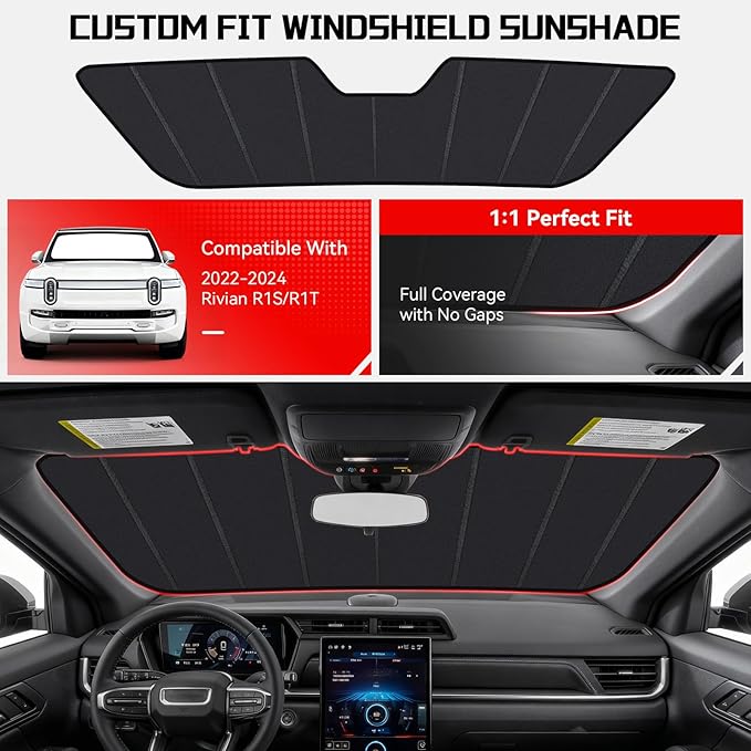 Windshield Sun Shade Custom Fit for Rivian R1S/R1T 2022-2024, Accordion Folding Thick Window Sunshade Block Heat 99% UV Rays Sun Visor Keep Cooler Car Accessories