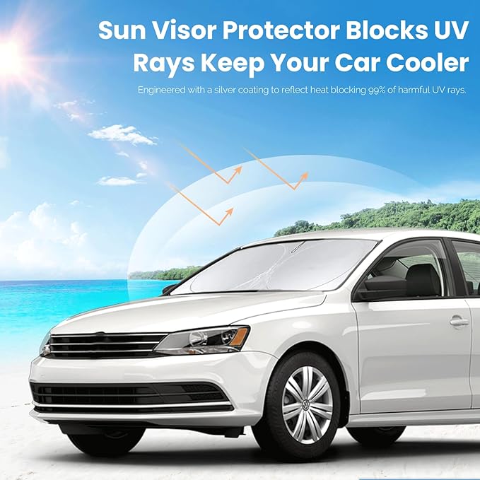 Custom Fit VW Jetta Windshield Sunshade for 2011-2017 2018 Volkswagen VW Jetta Accessories Front Window Shield 210T Silver Coating Cover for Volkswagen Windshield Sun Visor Protector Blocks UV