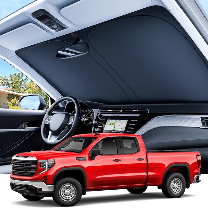 REEVAA Upgraded Windshield Sun Shade for GMC Sierra 1500 2500 3500 (2019-2025) [Tailored Fit, 99% Sun Protection] Protect Interior & Keep Cool, Foldable Sunshade Car Accessories with Storage Bag
