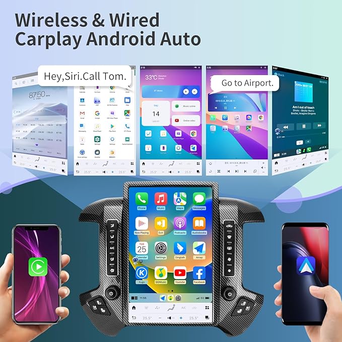 Qualcomm Car Radio for Chevrolet Silverado GMC Sierra 2014-2019 Stereo Replacement Head Unit 14.4 Inch 2K IPS Touch Screen Tesla Style Carplay Android Auto GPS OEM 8 Inch (Carbon Fibre)