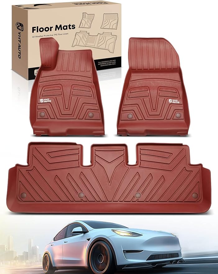 YHTAUTO for Tesla Model 3 2023 2022 2021 Floor Mats, All Weather TPE Car Mats Carpet, 1st & 2nd Row, Set of 3, Red