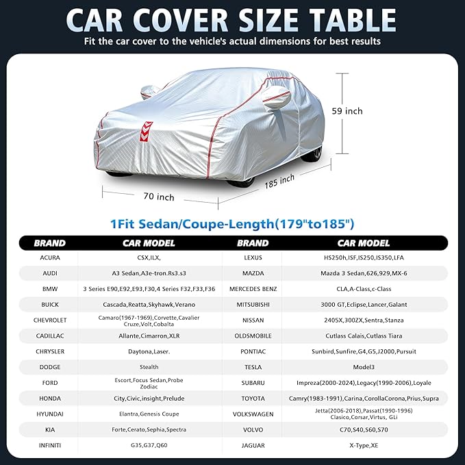 Car Cover, 360° Underbody Wrap Design, All-Weather Waterproof Car Cover, Suitable for Sedans, Vehicle Body Length 178 to 185 in
