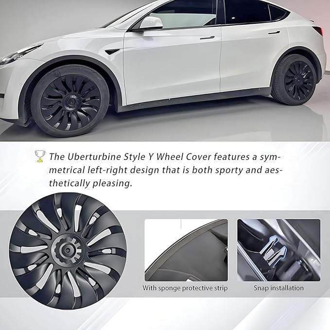 KAVANIC 4PCS Wheel Covers Fits for Tesla Model Y 19 Inch Matte Black Support Long Range Logo Symmetry Design Uberturbine Style fits for Model Y Gemini 2020-2024 Hubcaps Replacement (RWD/AWD)
