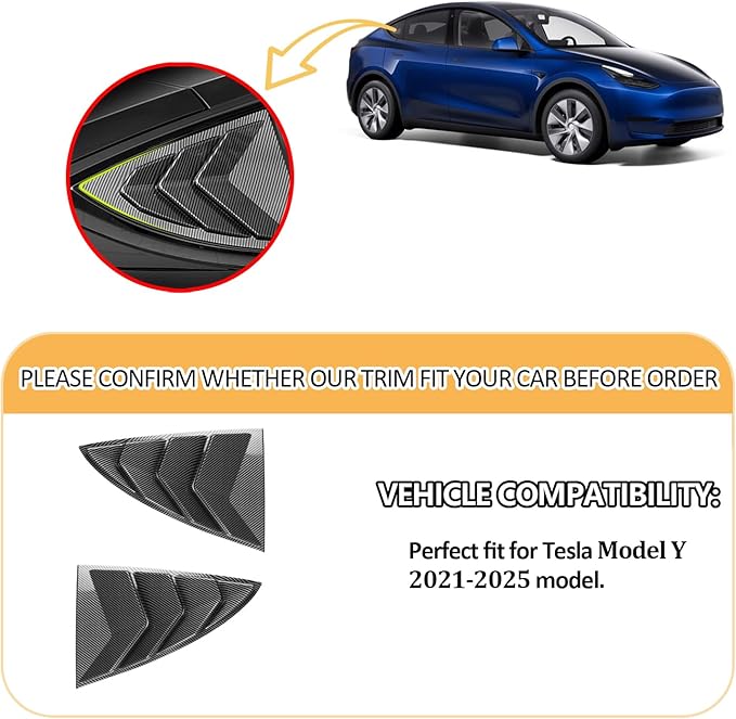 Window Louvers Fits for Tesla Model Y 2021 2022 2023 2024 2025 Accessories Rear Side Window Louvers Windshield Sun Shade Cover Auto Exterior Decoration Trim Accessories(Carbon Fiber)